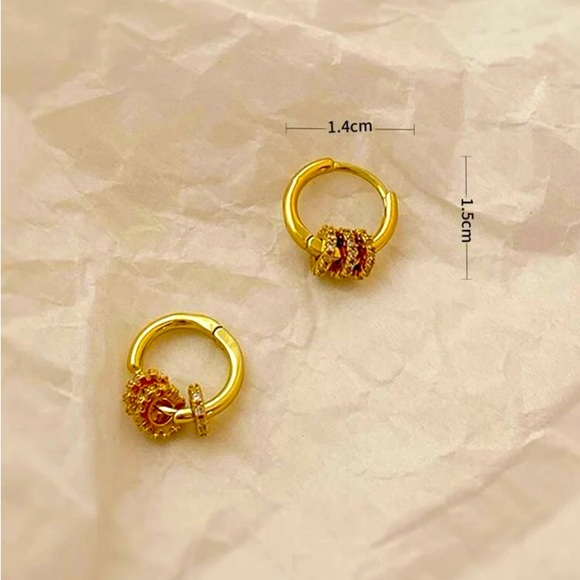 Ultra Delicate Tiny Gold & Rhinestone Detail Huggie Hoops - Picture 4 of 6